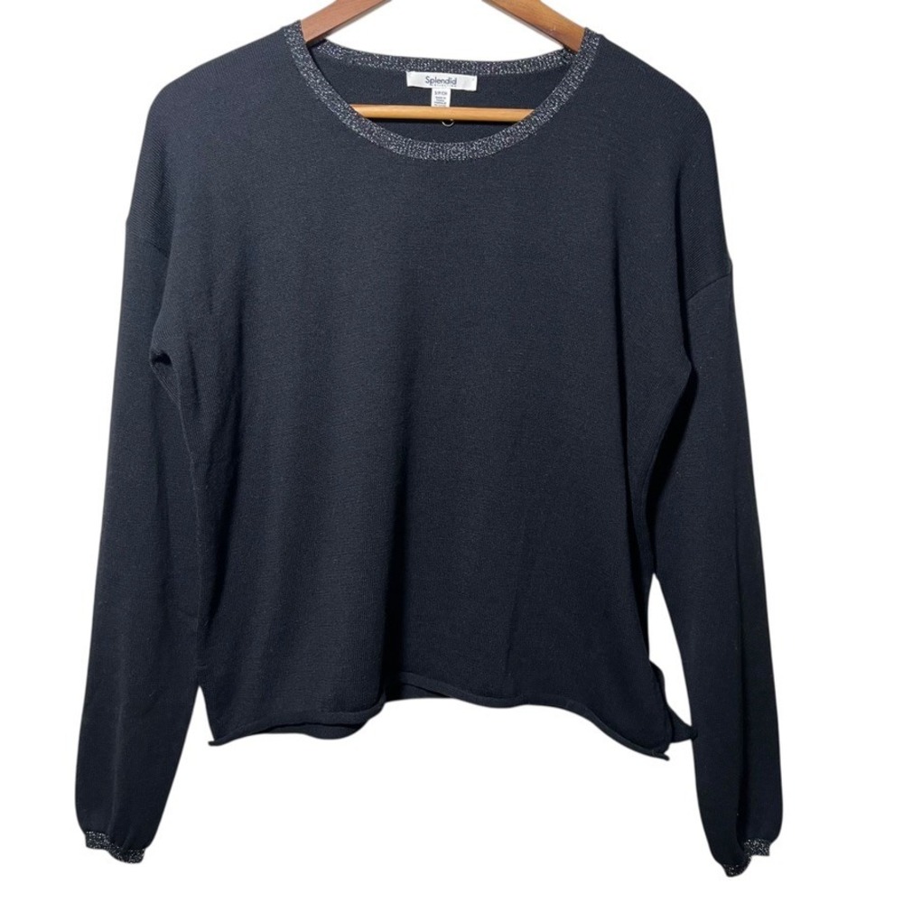 Splendid Black Metallic Trim Sweater Women's Small Soft Knit Minimalist Chic‎